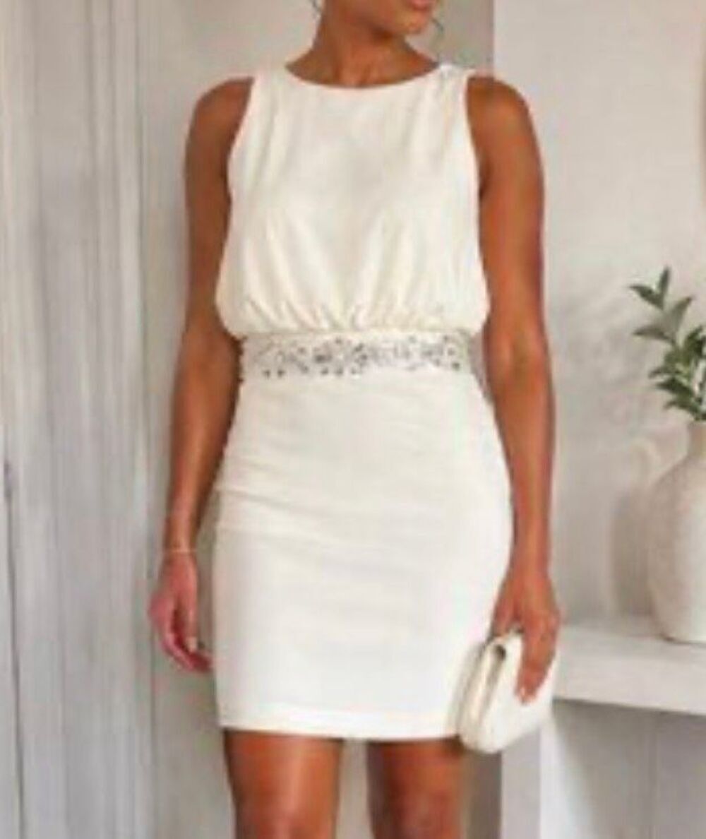 Laundry roman-style sleeveless white mini dress with jeweled waistband - 6